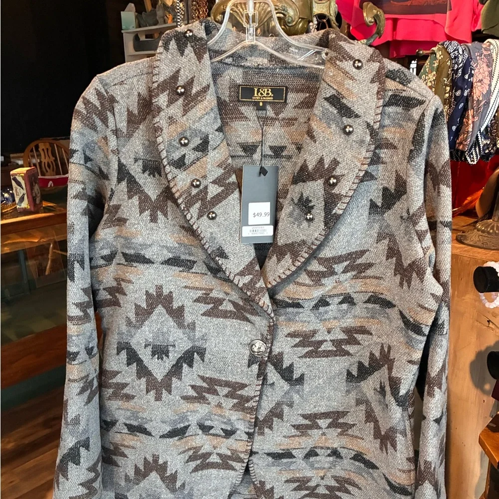 L&B Patterned Knit Cardigan - Gray & Brown - Picture 2 of 7